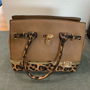 Leopard Print Tan Handbag with opening at bottom (no matching wallet)